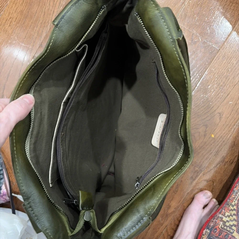LRTO Leather Tote Bag Hand Painted Dalmatian Dog Olive Green Large Art Bag‎